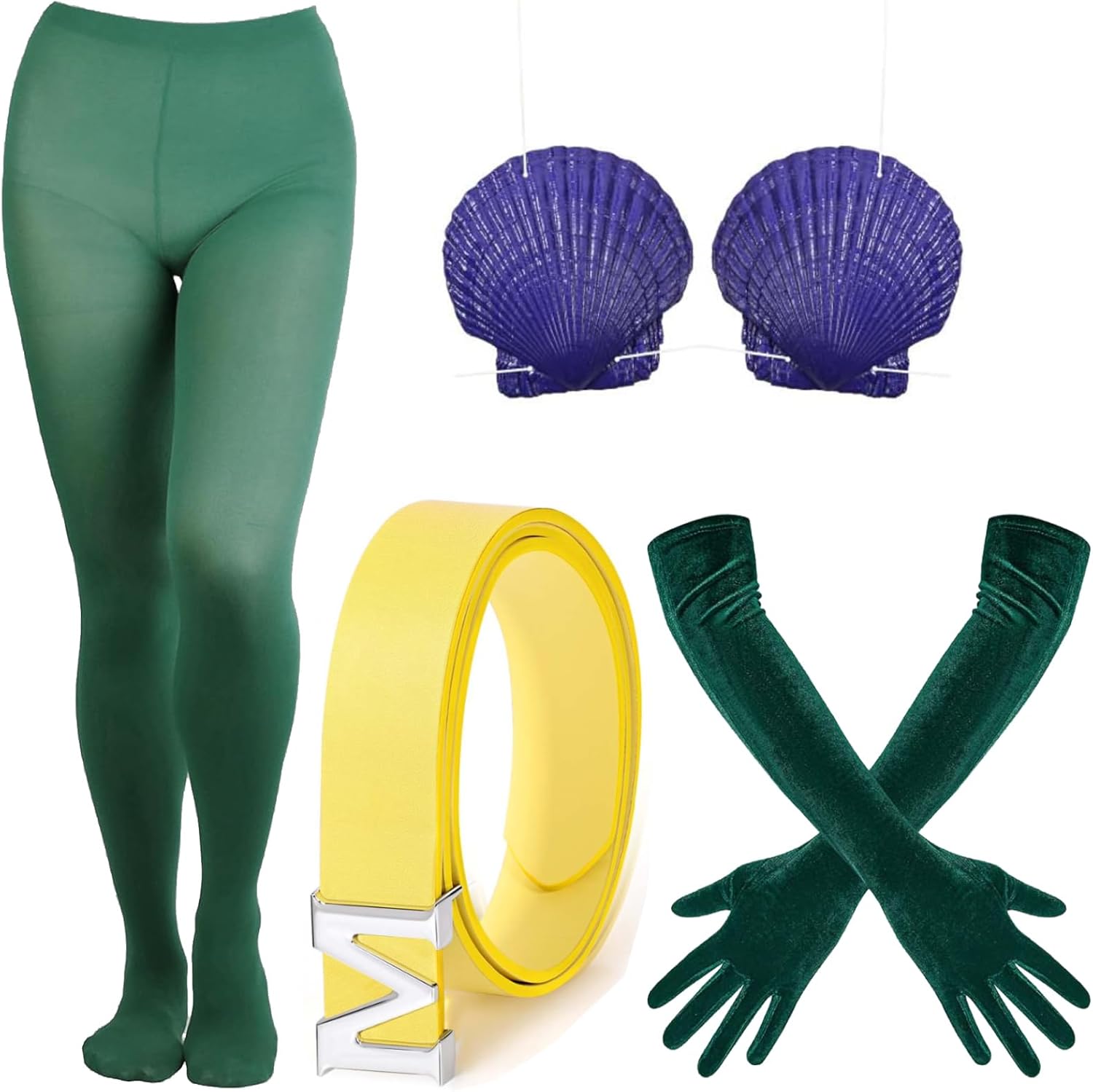 Kavoc 4 Pcs Halloween Mermaid Cosplay Costume Include Dark Green Pantyhose,Gloves,Seashell Bra and Belt for Adults Role Play Party Accessories Supplies（Style2）